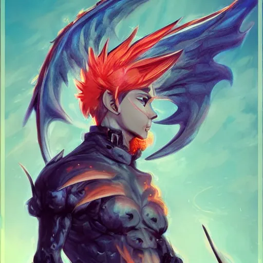 Image similar to full body anime style human in dragon form, bald, with a beard made of fire. fantasy style. very punk / alt aesthetic. wings and tail, a highly detailed, digital painting, artstation, concept art, matte, sharp focus, illustration, art by artgerm and greg rutkowski