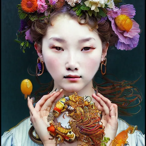 Image similar to a masterpiece ultrarealistic ultradetailed portrait of beautiful love fishmonger girl on street market baroque renaissance. medium shot, intricate, elegant, by stanley artgerm lau, wlop, alphonse mucha, rossdraws, andrei riabovitchev, yoshitaka amano. flower background my james jeand and takashi murakami.