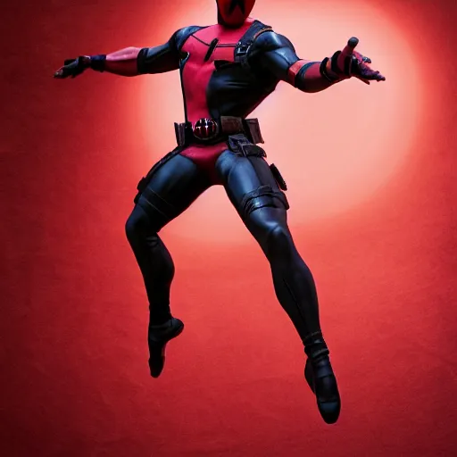 Image similar to full body pose, hyperrealistic photograph of deadpool as a ballerina dancer, dim volumetric lighting, 8 k, octane beautifully detailed render, extremely hyper detailed, intricate, epic composition, cinematic lighting, masterpiece, trending on artstation, very very detailed, stunning, hdr, smooth, sharp focus, high resolution, award, winning photo, dslr, 5 0 mm