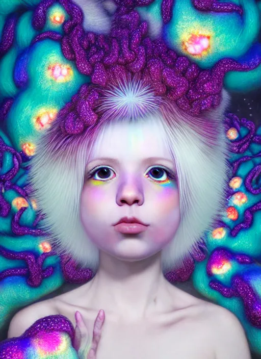 Image similar to hyper detailed 3d render like a Oil painting - kawaii portrait Aurora (white haired Singer Ferret) seen Eating of the Strangling network of yellowcake aerochrome and milky Fruit and Her delicate Hands hold of gossamer polyp blossoms bring iridescent fungal flowers whose spores black the foolish stars by Jacek Yerka, Mariusz Lewandowski, Houdini algorithmic generative render, Abstract brush strokes, Masterpiece, Edward Hopper and James Gilleard, Zdzislaw Beksinski, Mark Ryden, Wolfgang Lettl, hints of Yayoi Kasuma, octane render, 8k