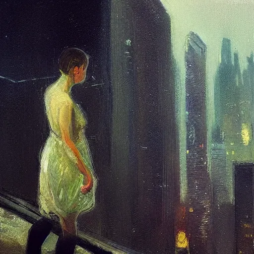 Image similar to “ a girl looking down at a futuristic new york city below, ghostpunk, heavy rain, high detail, oil painting, by george bellows ”