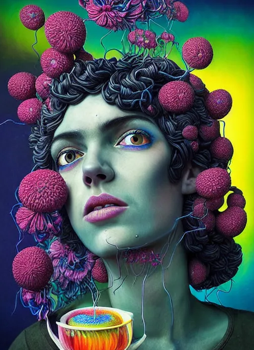 Image similar to hyper detailed 3d render like a Oil painting - Ramona Flowers with wavy black hair wearing thick mascara seen Eating of the Strangling network of colorful yellowcake and aerochrome and milky Fruit and Her staring intensely delicate Hands hold of gossamer polyp blossoms bring iridescent fungal flowers whose spores black the foolish stars by Jacek Yerka, Mariusz Lewandowski, Houdini algorithmic generative render, Abstract brush strokes, Masterpiece, Edward Hopper and James Gilleard, Zdzislaw Beksinski, Mark Ryden, Wolfgang Lettl, Dan Hiller, hints of Yayoi Kasuma, octane render, 8k