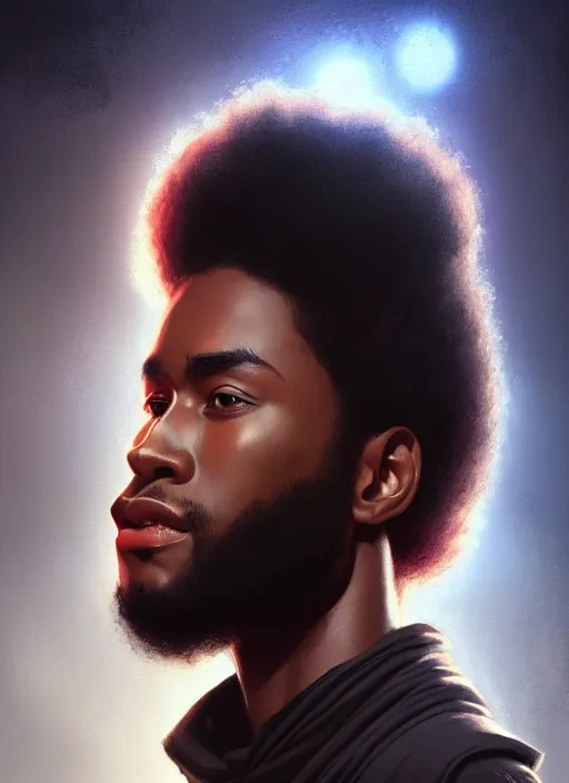 Image similar to photographic portrait of an handsome young black man with an afro, atmospheric lighting, elegant, highly detailed, digital painting, artstation, concept art, sharp focus, star wars, illustration, art by artgerm and greg rutkowski