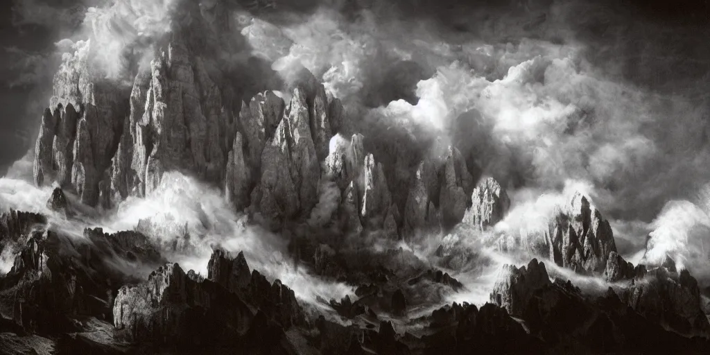 Image similar to photography of dolomites getting blown up, exploding, dolomites, alpine, detailed intricate insanely detailed octane render, 8k artistic 1920s photography, photorealistic, chiaroscuro, hd, by David Cronenberg, Raphael, Caravaggio