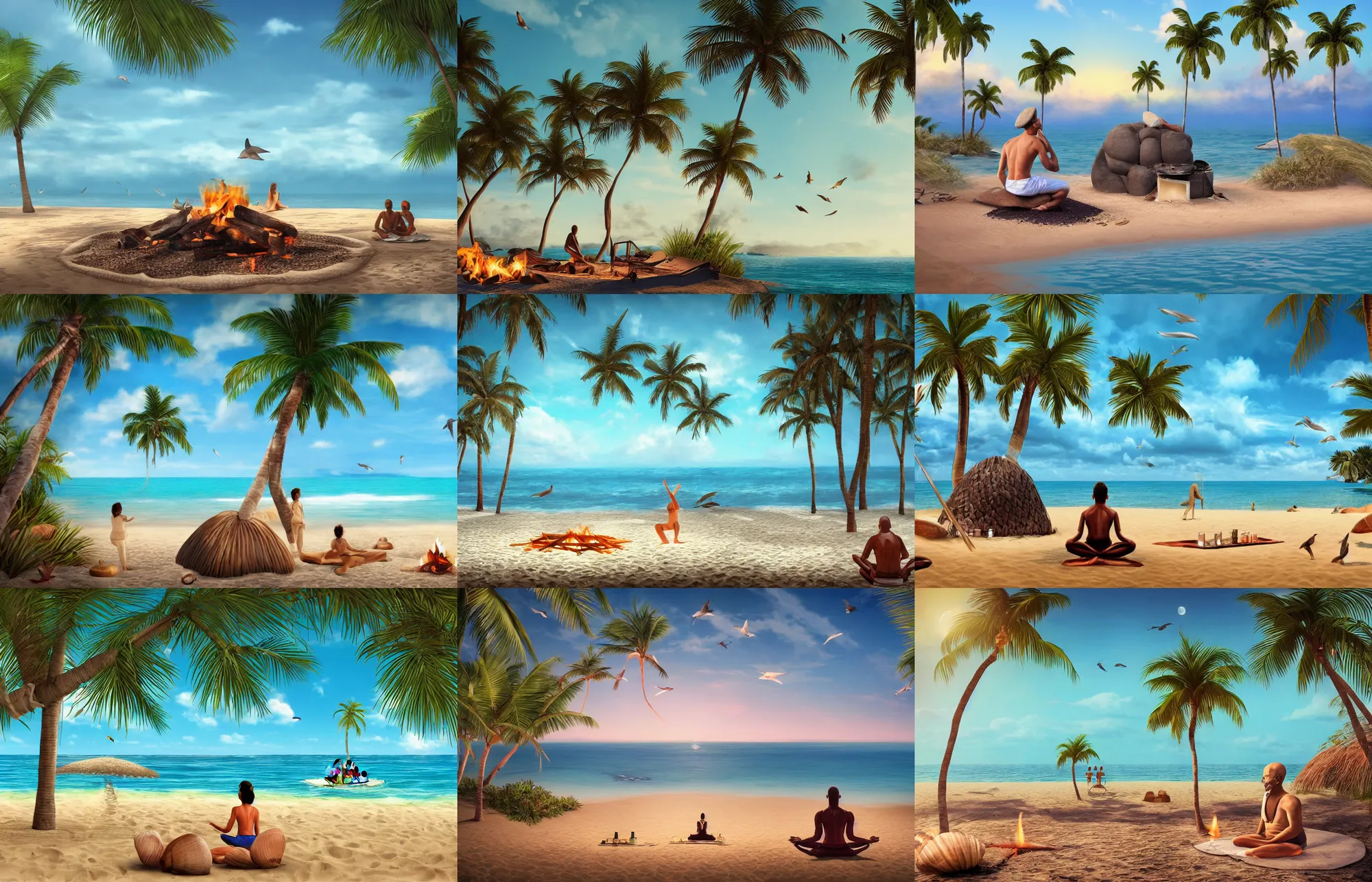 Prompt: photorealistic illustration of a beach with palms trees and a cinematic view of ghandi in a yoga pose sitting close to a campfire, birds in the sky, dolphins in the ocean, footsteps in the sand, seashell and coconuts scattered around, artstation, deviantart, cgsociety