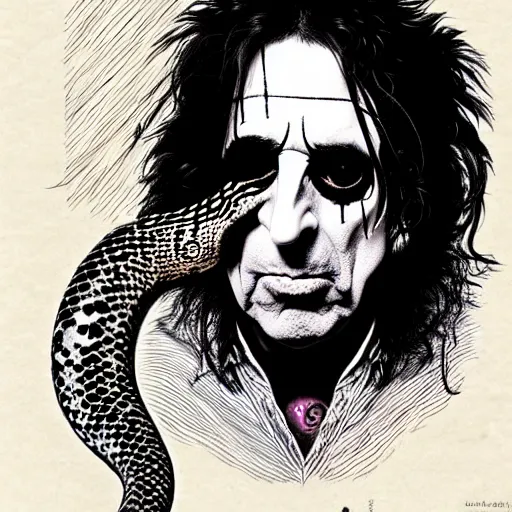 Image similar to graphic illustration, creative design, alice cooper as a snake, biopunk, francis bacon, highly detailed, hunter s thompson, concept art