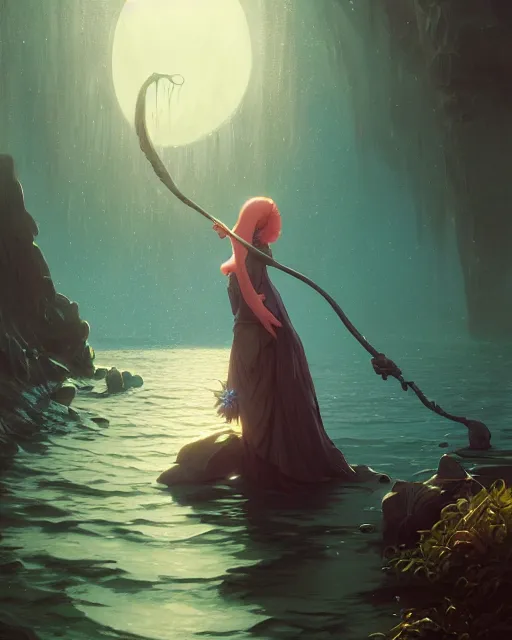 Image similar to highly detailed vfx portrait of a witch casting water magic, unreal engine, greg rutkowski, loish, rhads, beeple, makoto shinkai and lois van baarle, ilya kuvshinov, rossdraws, tom bagshaw, alphonse mucha, global illumination, detailed and intricate environment