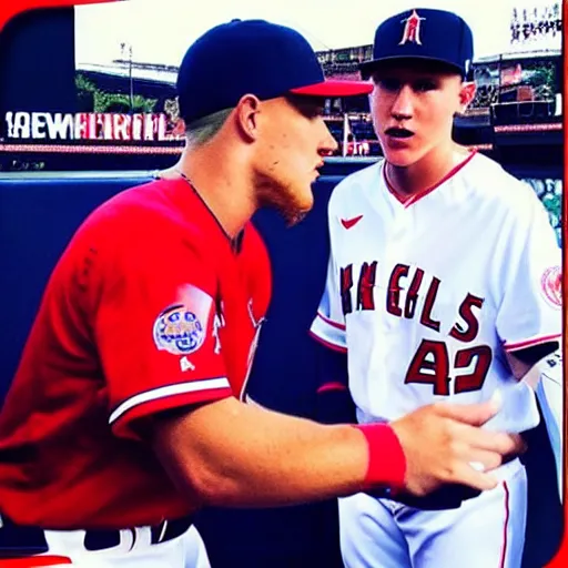 Prompt: “a realistic detailed photo of a guy who is named Mike Trout, hypnotized by Tom Holland, baseball player”