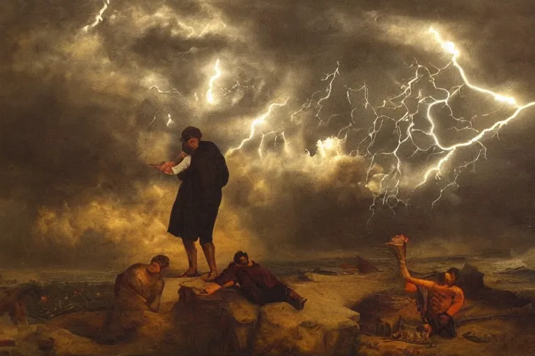 Image similar to a bereaved artist as his canvas gets struck by lightning, oil painting, extremely detailed, museum art