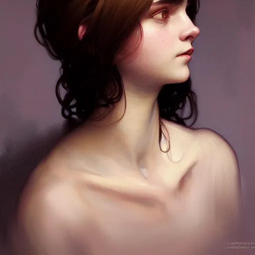 Image similar to portrait of a welsh teenage girl with brown hair, glowing skin, delicate features, amelie poulain, fantasy, intricate, elegant, dress shirt, highly detailed, digital painting, artstation, concept art, smooth, sharp focus, illustration, art by Krenz Cushart and Artem Demura and alphonse mucha