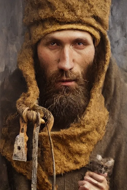 Prompt: slavic dog head man, woolen torso in medieval clothes, builds wooden house, orthodox saint christopher, oil painting, painting by viktor vasnetsov, concept art, hyperrealism, beautiful, high resolution, trending on artstation,