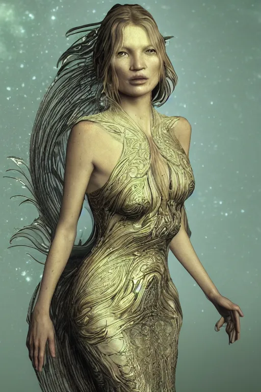 Image similar to a realistic moody portrait photo of a beautiful ancient alien woman goddess kate moss standing in iris van herpen dress jewelery and fractals in style of alphonse mucha art nuvo dmt trending on artstation made in unreal engine 4