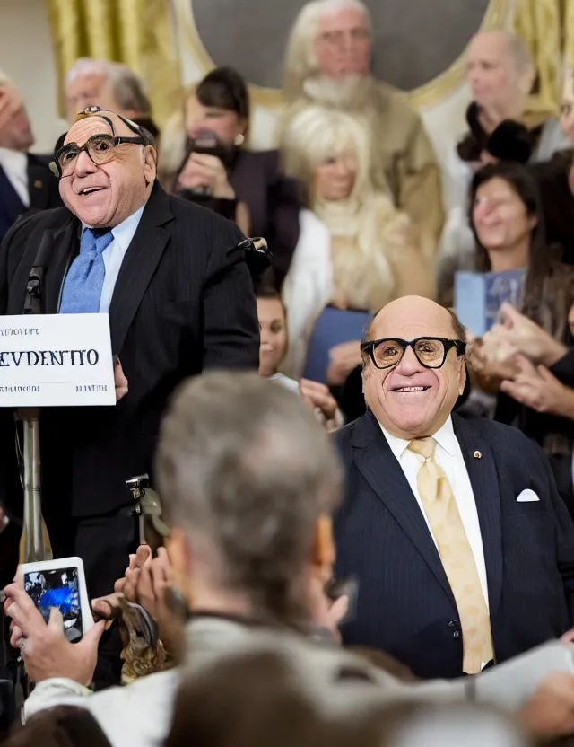 Prompt: president danny devito press conference in the white house briefing room, photograph, associated press photo, real, 8 5 mm f / 3. 5, photojournalism