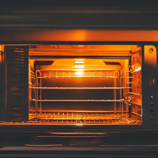 Image similar to toaster oven hanging by metallic cables, symmetry, dark messy smoke - filled cluttered workshop, dark, dramatic lighting, orange tint, sparks, cinematic, highly detailed, sci - fi, futuristic, movie still