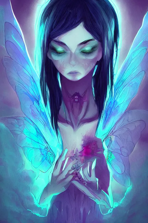 Image similar to concept art painting of a demonic evil fairy, moody vibe, moody lighting, artgerm, moebius, inio asano, toon shading, cel shading, calm, tranquil, vaporwave colors,