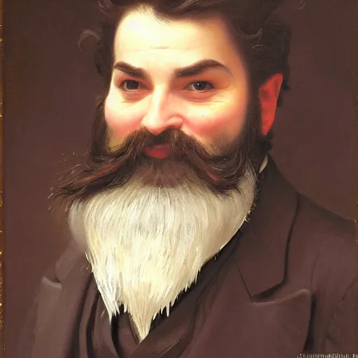 Prompt: detailed portrait painting of male dwarf with long beard wearing tuxedo and top hat by William-Adolphe Bouguereau and Thomas Kinkade and Ted Nasmith, Booru