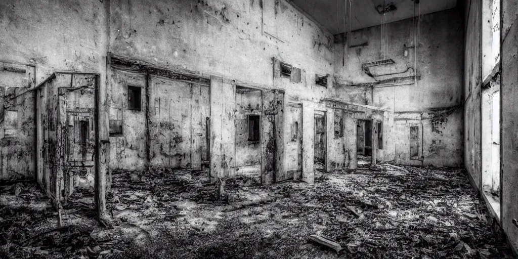 Image similar to abandoned prison with monsters, old photo, black and white, real