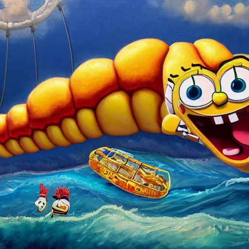 Image similar to spongebob squarepants rides the alaskan bull worm, extremely detailed oil painting, high clarity, highly detailed, abstract, deep aesthetic, 8 k, highly ornate intricate details, cinematic lighting, rich colors, digital artwork, beautiful scenic view, ray tracing, hyperrealistic, photorealistic, cinematic landscape, trending on artstation, concept art,