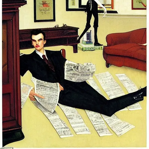 Image similar to a thin vampire wearing a suit reads a newspaper in the living room, painted by norman rockwell and tom lovell and frank schoonover