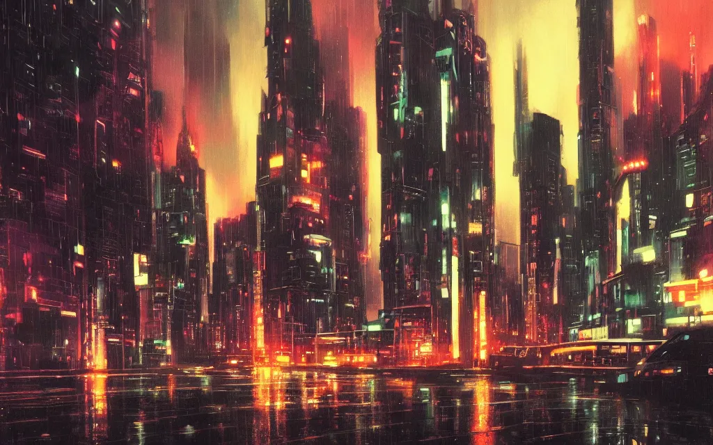 Prompt: futuristic city at night with rain, in the style of syd mead,