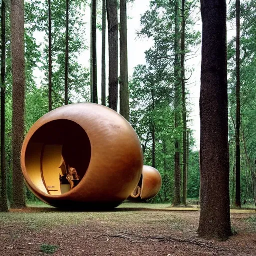 Prompt: a spaceship designed by eero saarinen, wood texture, trees visible through round windows