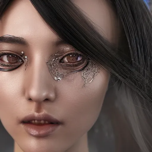 Image similar to asian - european woman closeup face portrait, face covered with chrome lines, ethereal, futuristic, highly detailed face, elegant pose, intricate, beeple cgsociety, extremy detailed, cgsociety, unreal engine, octane render, highly detailed 4 k art