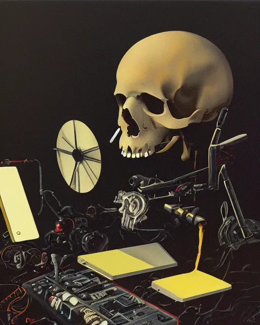 Image similar to a raven skull observing 8 0 s era technology, vintage shapes, retro technology, vintage color, wayne barlow, oil on canvas, deep depth of field, masterpiece, cinematic composition, hyperdetailed