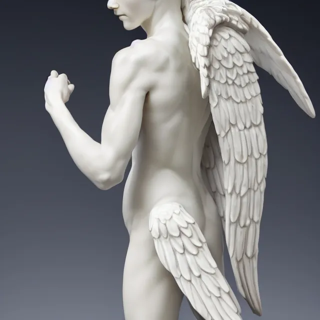 Prompt: infinitely finitely detailed full - frame photograph of a full - body perfect porcelain statue, concept detailed detailed full - body porcelain xylin statue rendition. exostatic clothes. angel frail and pale.