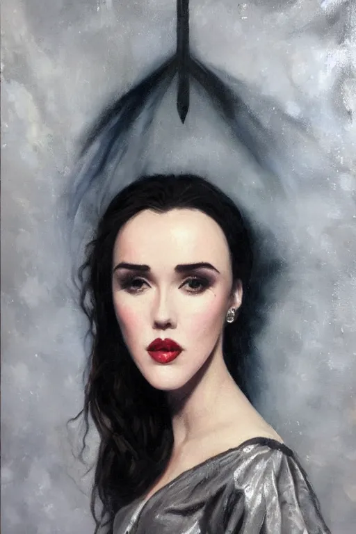 Image similar to hyperrealism oil painting, close - up portrait of isabelle adjani medieval brunette vampire fashion model, knight, steel gradient mixed with nebula sky, in style of baroque