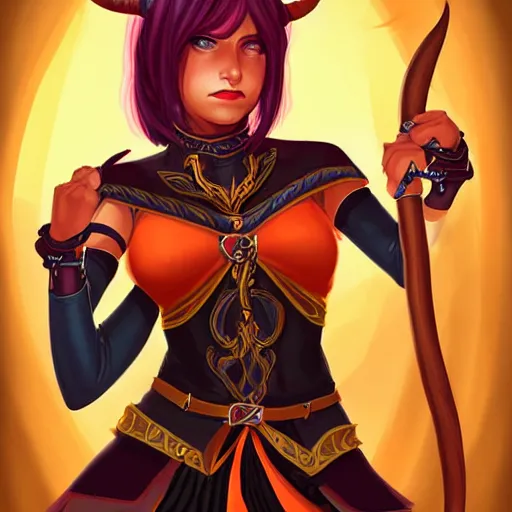 Image similar to illustrated portrait of youthful female feminine horned tiefling female bard with long blue bob cut hairstyle, her skin is orange and tanned, and her eyes are pure black orbs, and she is wearing colorful leather armor by rossdraws,