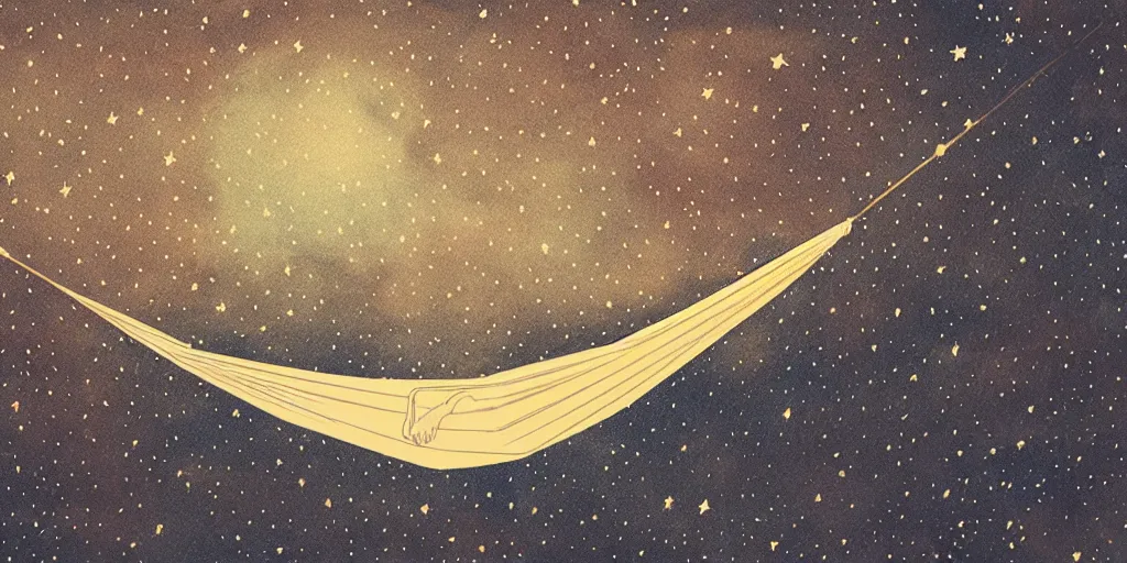 Prompt: a hammock under the stars, 1940s faded risograph print, illustration, limited color palette, earthtones, double-exposure, astrophotography