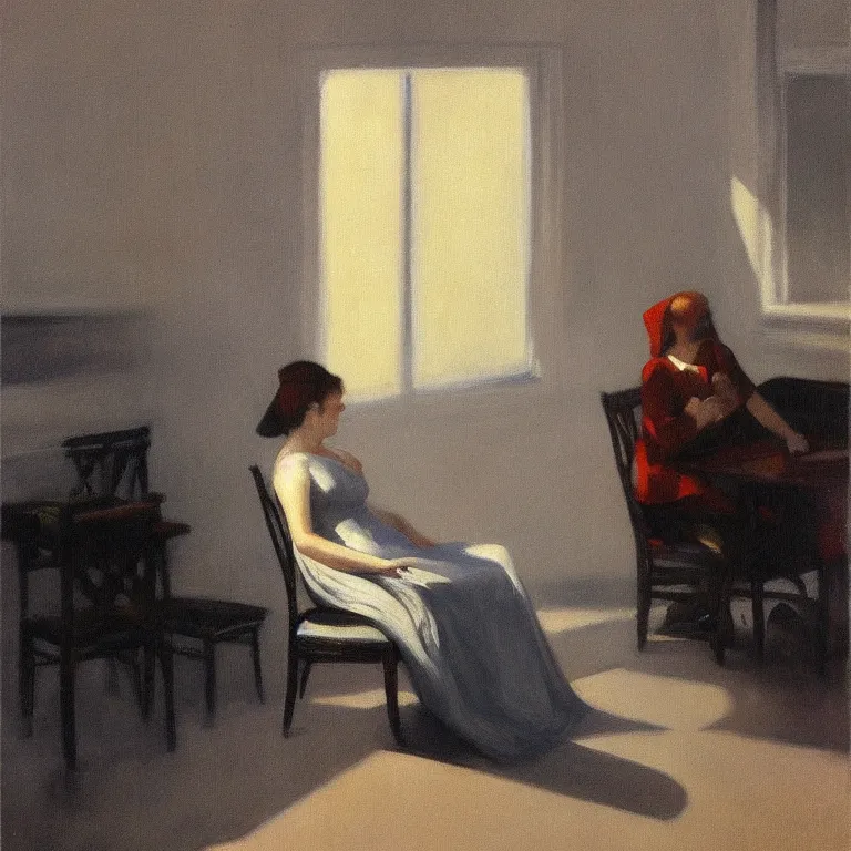 Image similar to woman sitting behind a chair, fog, early morning, , painted by Edward Hopper, painted by Wayne Barlow, airbrush