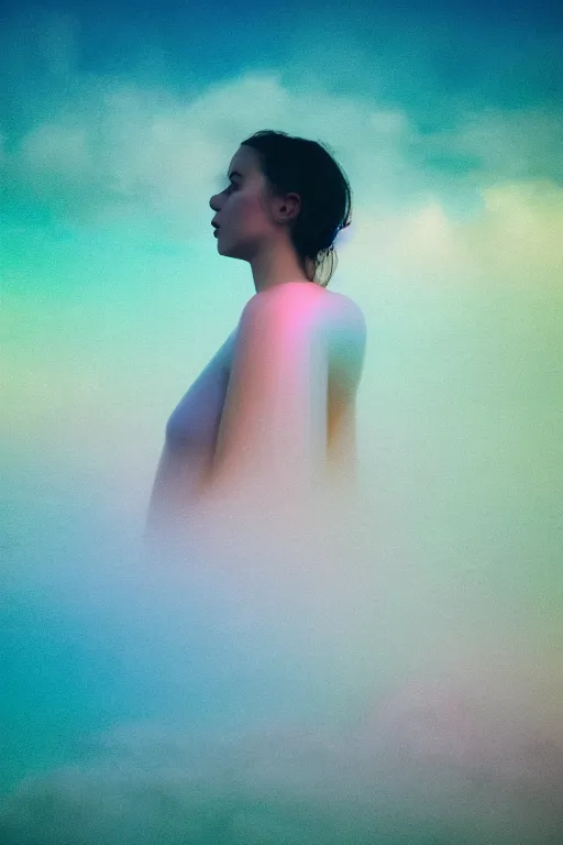 Image similar to high quality pastel coloured film close up wide angle photograph of a model wearing clothing swimming on cloud furniture in a icelandic black rock!! environment in a partially haze filled dreamstate world. three point light, rainbow. photographic production. art directed. pastel colours. volumetric clouds. pastel gradient overlay. waves glitch artefacts. extreme facial clarity. 8 k. filmic.