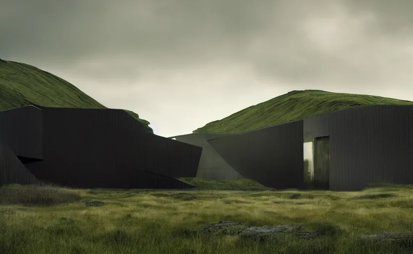 Image similar to An Exterior wide angle shot painting of a modern black architecture in the middle of a green icelandic valley, Greg Rutkowski and Craig Mullins, Cinematic and atmospheric lighting