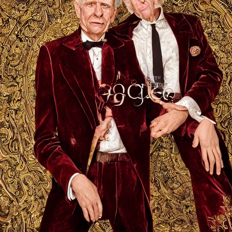 Image similar to vogue photoshoot octane render portrait by wayne barlow and carlo crivelli and glenn fabry, an old eccentric french detective in a colorful vintage velvet tuxedo in a high - end exotic vintage boutique hotel, very short depth of field, bokeh