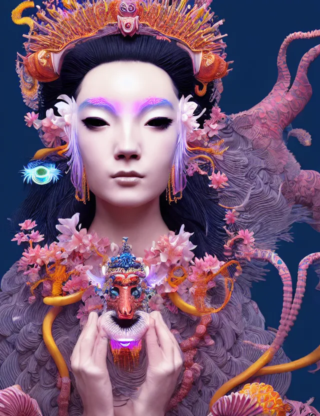 Image similar to 3 d goddess close - up profile portrait with crown, ram skull. beautiful intricately detailed neon japanese crow kitsune mask and clasical japanese kimono. betta fish, jellyfish phoenix, bio luminescent, plasma, ice, water, wind, creature, artwork by tooth wu and wlop and beeple and greg rutkowski