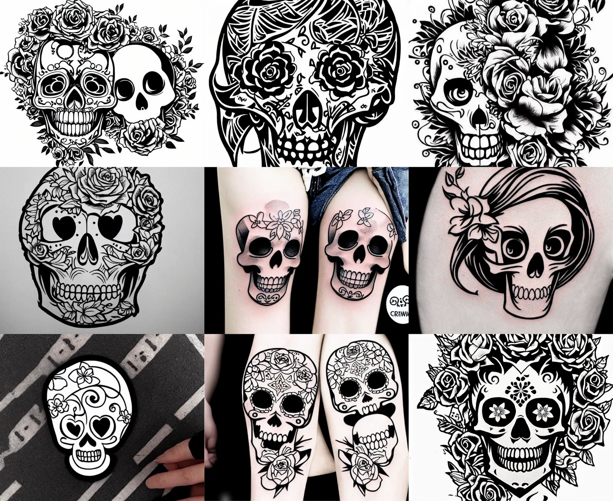 Image similar to detailed tattoo stencil bold lines, cute adorable lovely anime skull kawai