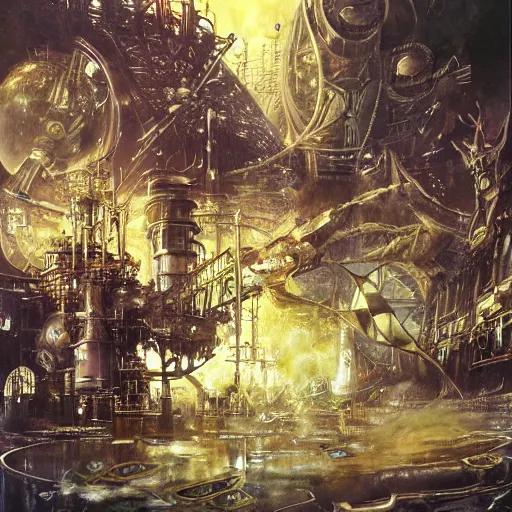 Prompt: conceptual art from from final fantasy 7, the steam punk city midgard by master artist yoshitaka amano