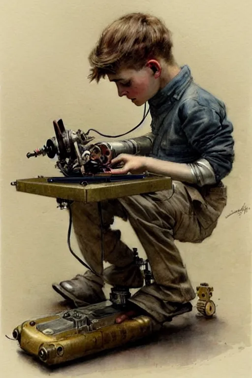 Image similar to (((((1950s a boy working on his robot . muted colors.))))) by Jean-Baptiste Monge !!!!!!!!!!!!!!!!!!!!!!!!!!!