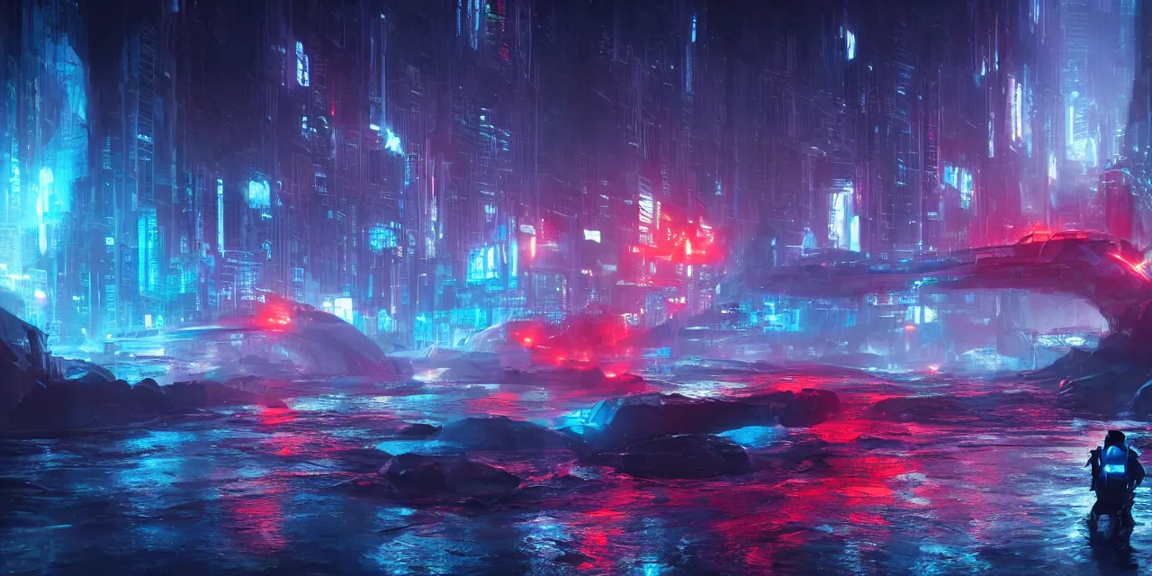 Image similar to turbulent river rapids rushing through a futuristic city at night , volumetric lighting, blue and red glowing lights, 4k, octane, digital painting, artstation, concept art, sharp focus, illustration, high contrast, high saturation , cinematic film still, by artgerm and greg rutkowski