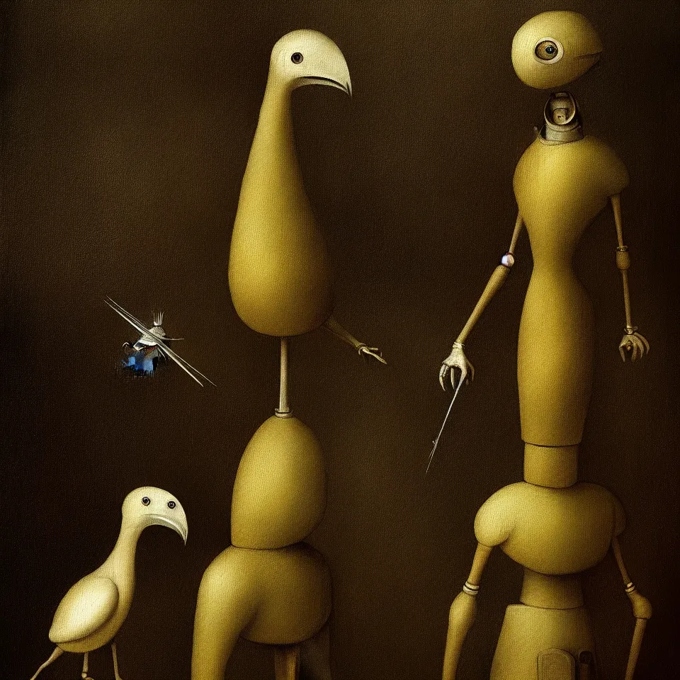 Prompt: standing robot bird, by hieronymus bosch, oil paint, portrait, cinematic, epic composition, digital painting, digital art, masterpiece