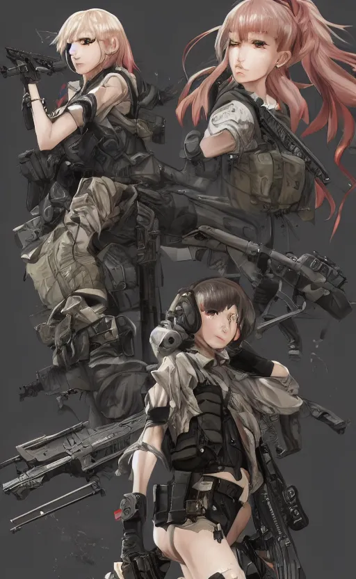 Prompt: highly detailed, high resolution, character design art, stunning, volumetric lightning, realistic guns, girls frontline style, matte, sharp focus, 130mm, illustration, artstation, by yusuke kozaki, professional, realistic human anatomy, simple design, realistic military gear, metal gear style, videogame inspired, quality artwork