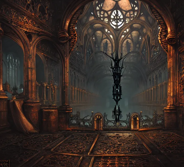 Image similar to steam necropolis, memento mori, gothic, neo - gothic, art nouveau, hyperdetailed copper patina medieval icon, stefan morrell, philippe druillet, ralph mcquarrie, concept art, steampunk, unreal engine, detailed intricate environment, octane render, moody atmospherics, volumetric lighting, ultrasharp, ominous, otherworldly