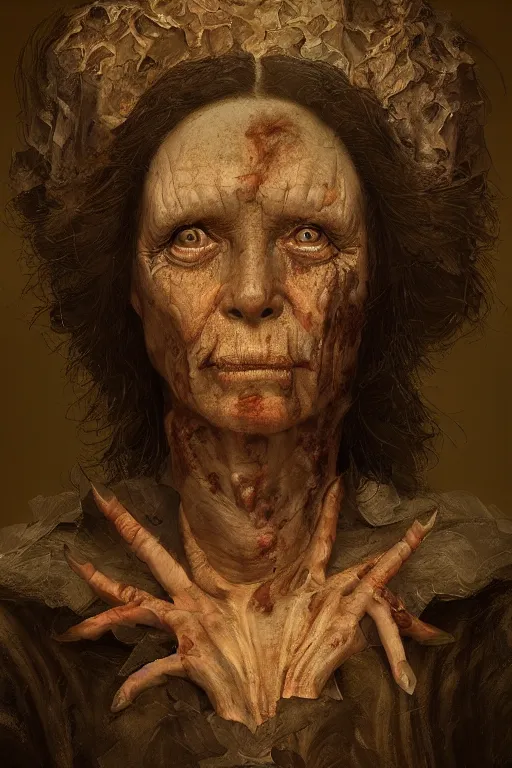 Prompt: renaissance oil painting of a vfx horror hag portrait, hyper detailed, digital art, trending in artstation, cinematic lighting, studio quality, smooth render, unreal engine 5 rendered, octane rendered, by Pieter Aertsen and ian sprigger and wlop