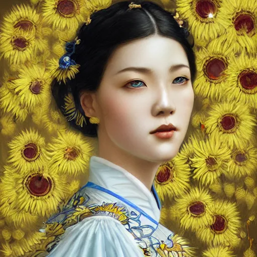 Image similar to taiwanese lady in white embroidered shirt, ukrainian national costume, filigree crown with blue and yellow textile embroidery sunflowers, intricate, elegant, digital painting, art nouveau, smooth, focus, rim light, charlie bowater, tom bagshaw, greg rutkowski