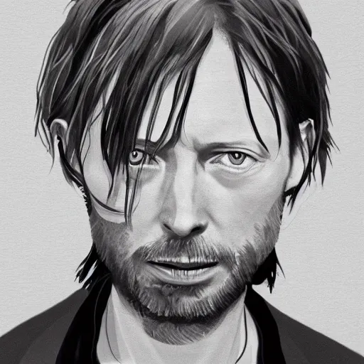 Prompt: thom yorke, pretty face, more details, in style by evangelion,