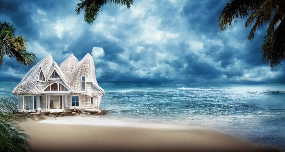 Prompt: pearly white seashell house, atmospheric cinematography