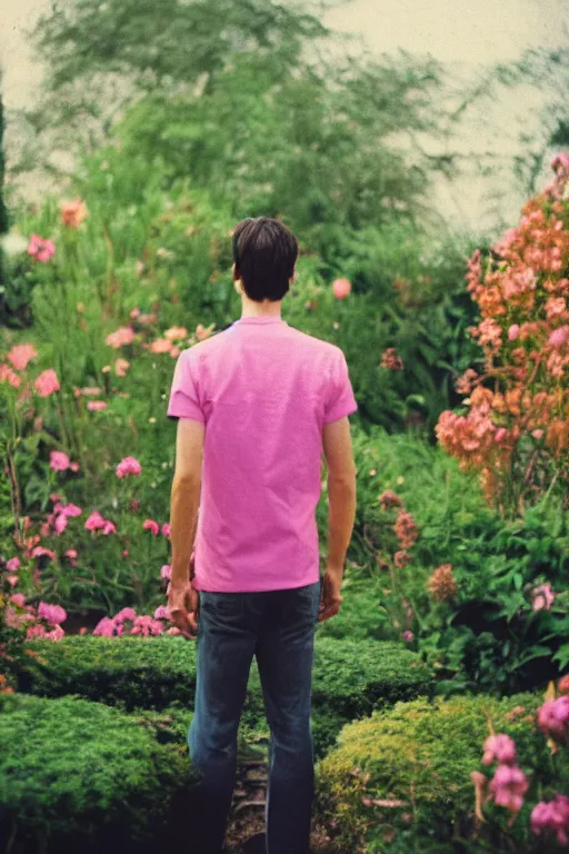 Prompt: kodak ultramax 4 0 0 photograph of a skinny guy standing in an exotic garden, back view, pink shirt, grain, faded effect,