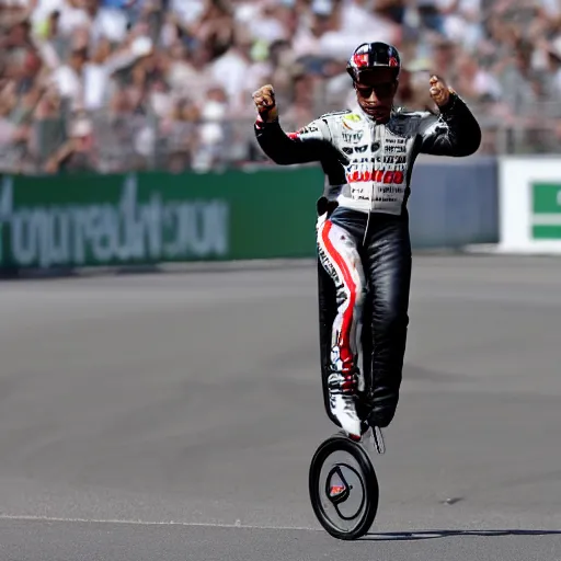 Image similar to Lewis Hamilton riding a unicycle, photo realistic