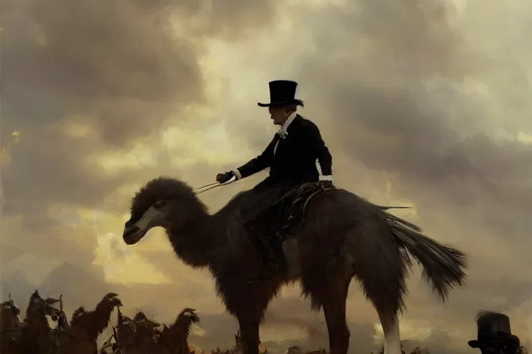 Image similar to portrait of a respectable dignified royal business elite politician wearing a top hat and coat tails riding on an emu, art by anders zorn, wonderful masterpiece by greg rutkowski, beautiful cinematic light, american romanticism by greg manchess, jessica rossier